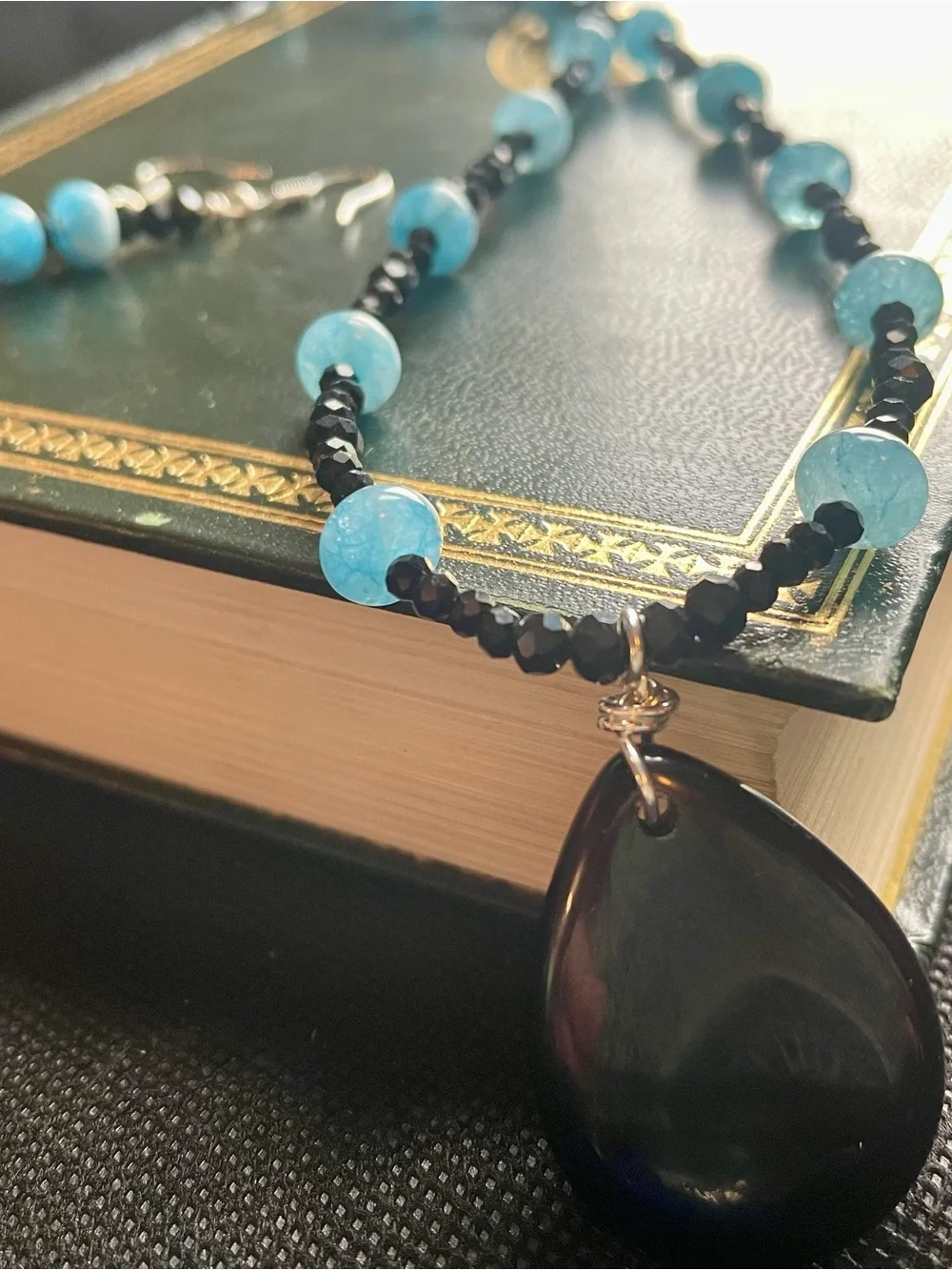 Handmade Black & Turquoise Beaded Necklace and Earring Set